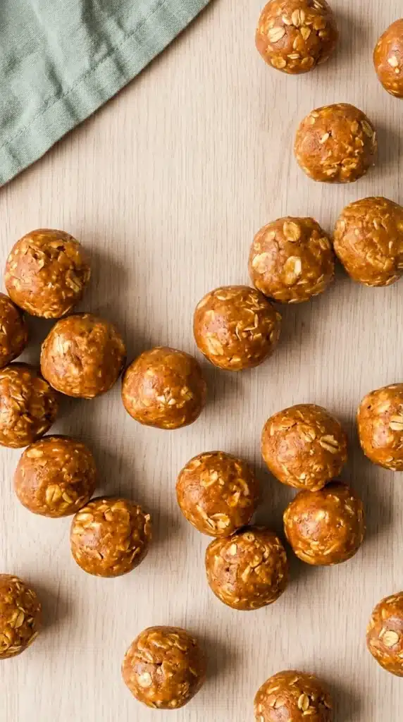 Pumpkin Protein Balls with rolled oats arranged on a wooden surface
