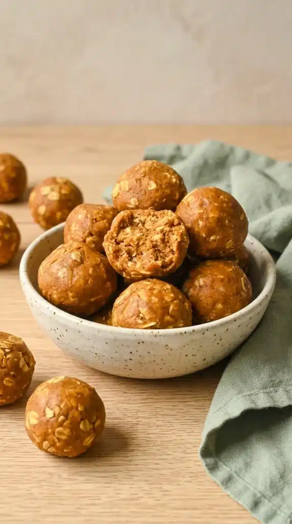 Pumpkin Protein Balls with oats and a soft center in a ceramic bowl
