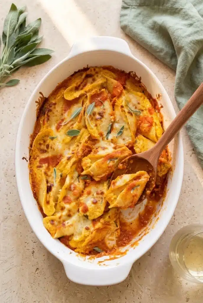 Pumpkin Ricotta Stuffed Shells: Easy, Cozy Fall Dinner 5 Pumpkin ricotta stuffed shells with tomato sauce, melted mozzarella, Parmesan, and fresh sage