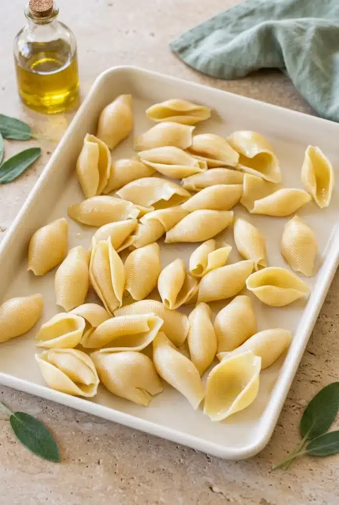 Pumpkin Ricotta Stuffed Shells: Easy, Cozy Fall Dinner 2 Cooked jumbo pasta shells cooling with olive oil for Pumpkin Ricotta Stuffed Shells