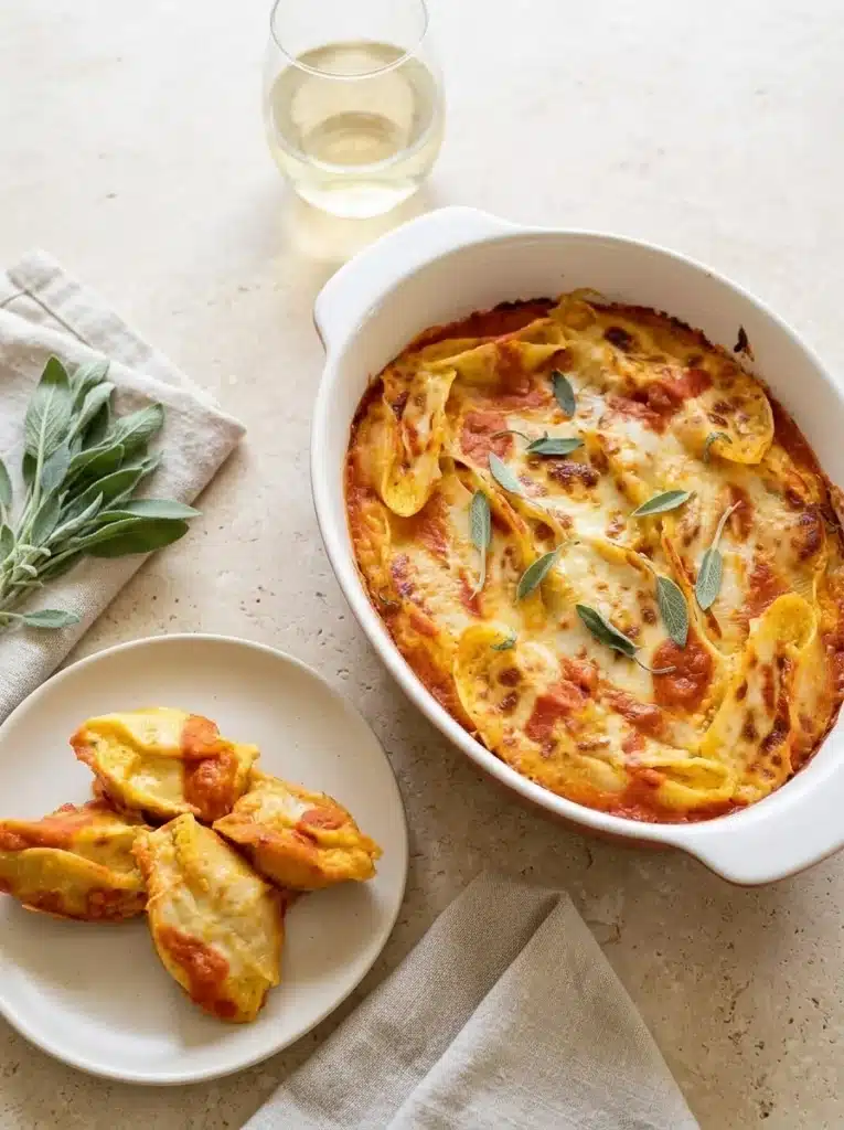 Pumpkin Ricotta Stuffed Shells: Easy, Cozy Fall Dinner 1 Pumpkin ricotta stuffed shells with tomato sauce, melted mozzarella, and fresh sage