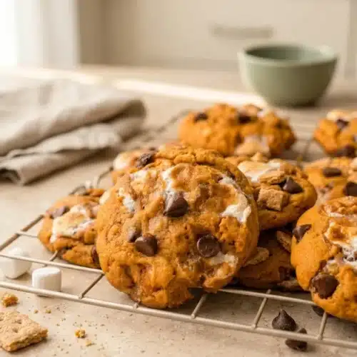 Pumpkin S’mores Cookies with gooey marshmallows, chocolate chips, and graham crackers