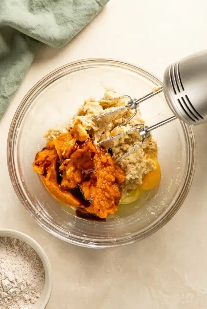 Soft Pumpkin Cookies 2 Soft Pumpkin Cookies batter with pumpkin puree, egg, and creamed butter