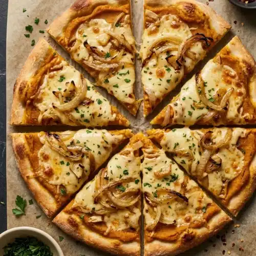 5 Ingredient Pumpkin and Gouda Pizza 4 5 Ingredient Pumpkin and Gouda Pizza with caramelized onions on a crisp golden crust