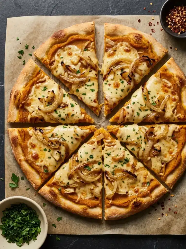 5 Ingredient Pumpkin and Gouda Pizza 1 5 Ingredient Pumpkin and Gouda Pizza with caramelized onions on a crisp golden crust