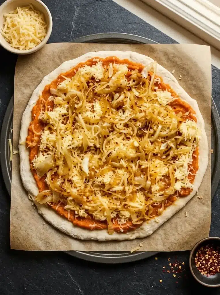 5 Ingredient Pumpkin and Gouda Pizza 2 5 Ingredient Pumpkin and Gouda Pizza topped with caramelized onions before baking