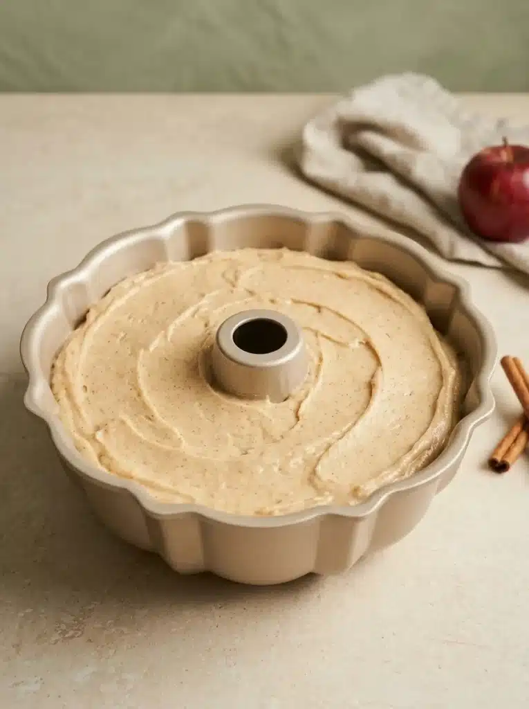 Apple Cider Donut Cake 3 Apple Cider Donut Cake batter spread evenly in a Bundt pan before baking