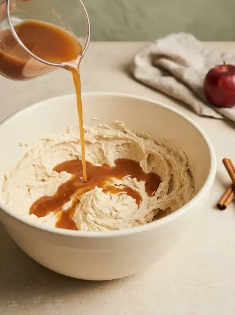 Apple Cider Donut Cake 2 Mixing apple cider into Apple Cider Donut Cake batter