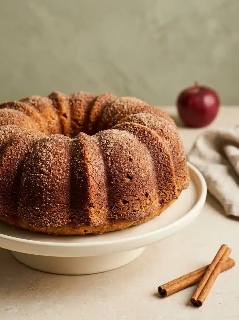 Apple Cider Donut Cake 4 Apple Cider Donut Cake gets a cozy finish from a buttery cinnamon sugar coating that clings to every golden Bundt ridge. The sparkling sugar crust gives this fall cake its irresistible donut-like texture.