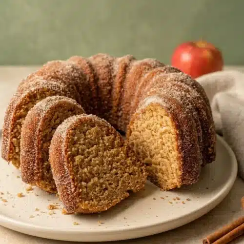 Apple Cider Donut Cake 5 Apple Cider Donut Cake features a soft, moist apple-spiced crumb wrapped in a buttery cinnamon sugar coating. Each fluffy slice brings cozy fall flavor and a delicious donut-like finish.