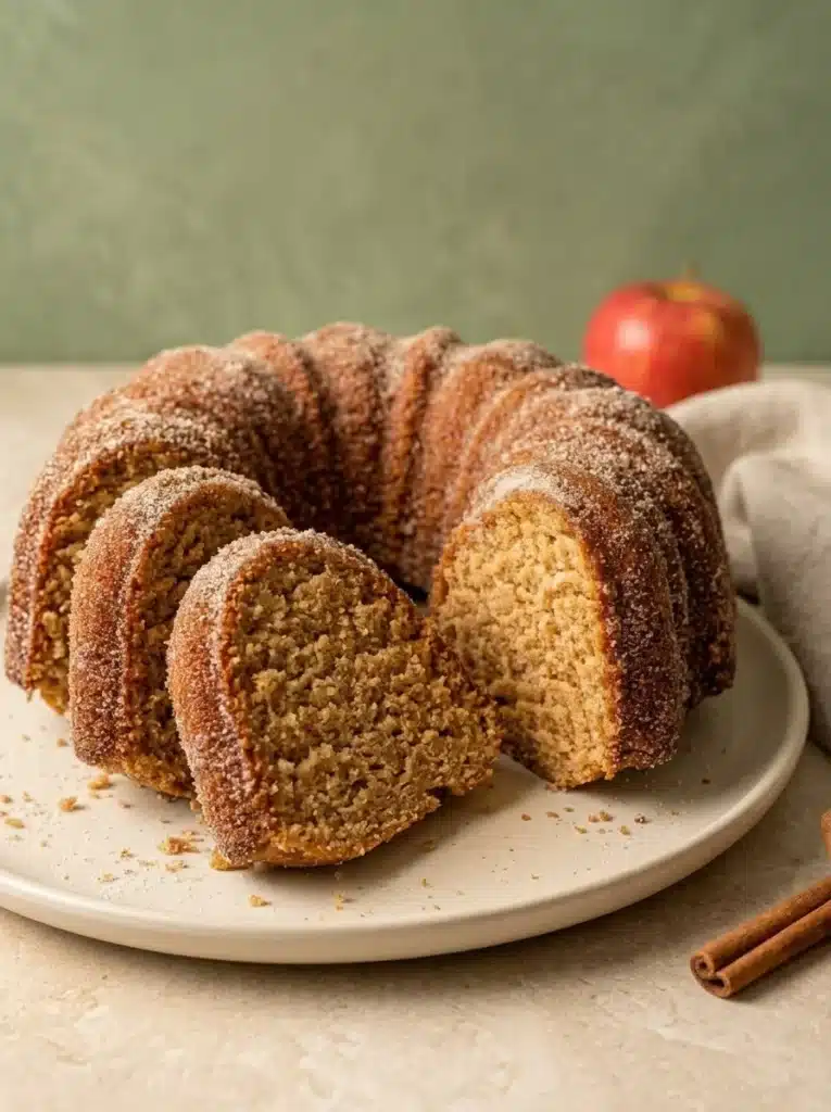 Apple Cider Donut Cake 1 Apple Cider Donut Cake features a soft, moist apple-spiced crumb wrapped in a buttery cinnamon sugar coating. Each fluffy slice brings cozy fall flavor and a delicious donut-like finish.