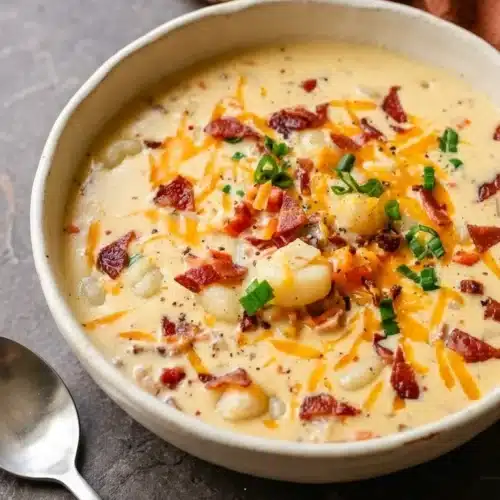 Bacon Cheddar Gnocchi Soup: Easy, Rich, and Creamy 3 Creamy Bacon Cheddar Gnocchi Soup topped with crispy bacon, cheddar, and green onions
