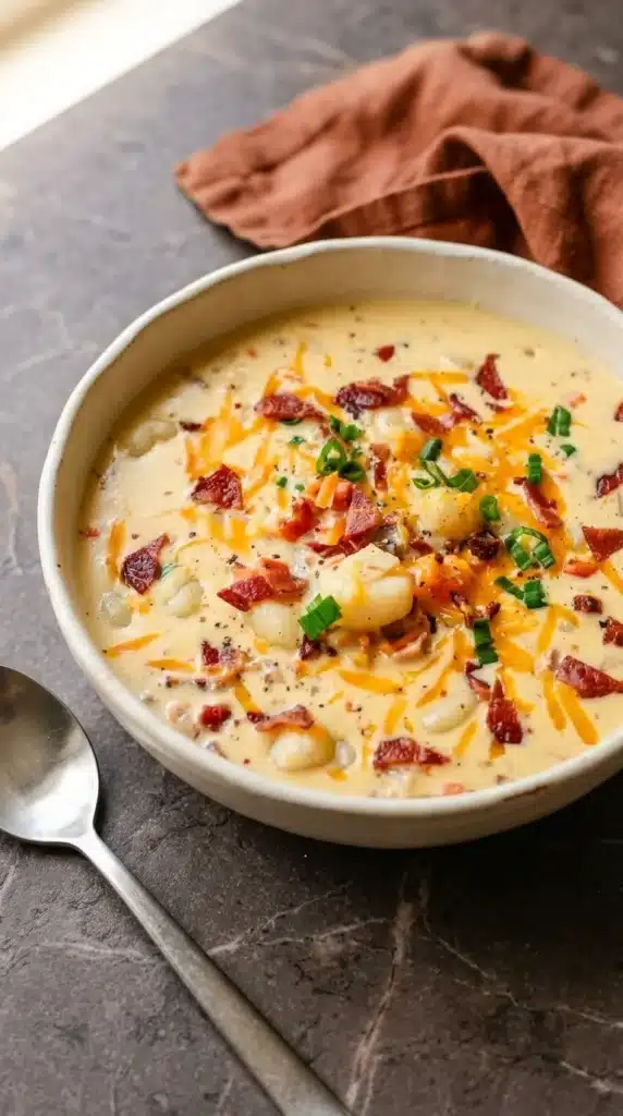 Bacon Cheddar Gnocchi Soup: Easy, Rich, and Creamy 2 Creamy Bacon Cheddar Gnocchi Soup topped with crispy bacon, cheddar, and green onions