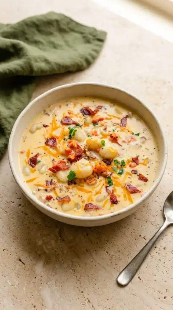 Bacon Cheddar Gnocchi Soup: Easy, Rich, and Creamy 1 Creamy Bacon Cheddar Gnocchi Soup topped with crispy bacon, cheddar, and green onions