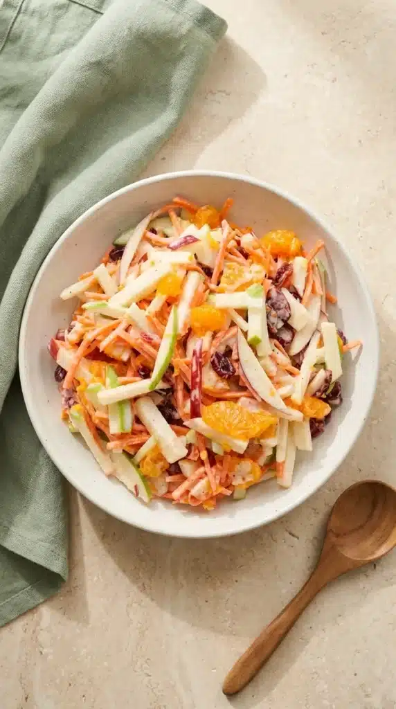 Carrot Apple Salad with crisp apples, carrots, cranberries, and mandarin oranges