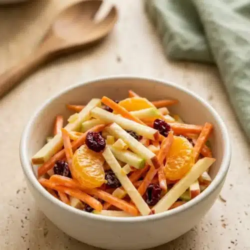 Fresh Carrot Apple Salad combines crisp apples and carrots with juicy mandarins and chewy cranberries in a creamy dressing. This colorful side dish looks fresh, crunchy, and inviting for Thanksgiving.