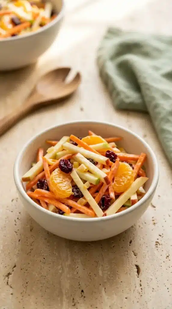 Fresh Carrot Apple Salad combines crisp apples and carrots with juicy mandarins and chewy cranberries in a creamy dressing. This colorful side dish looks fresh, crunchy, and inviting for Thanksgiving.