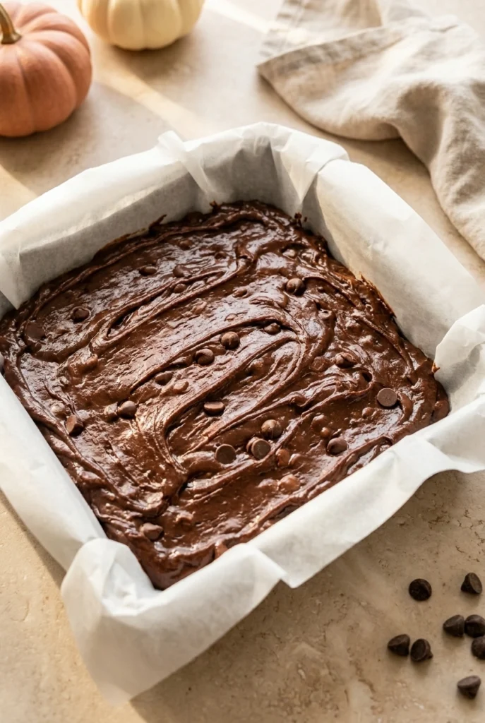 Easy Pumpkin Brownies That Are Rich, Fudgy, and Delicious 2 Easy Pumpkin Brownies batter with chocolate chips in a parchment lined baking pan