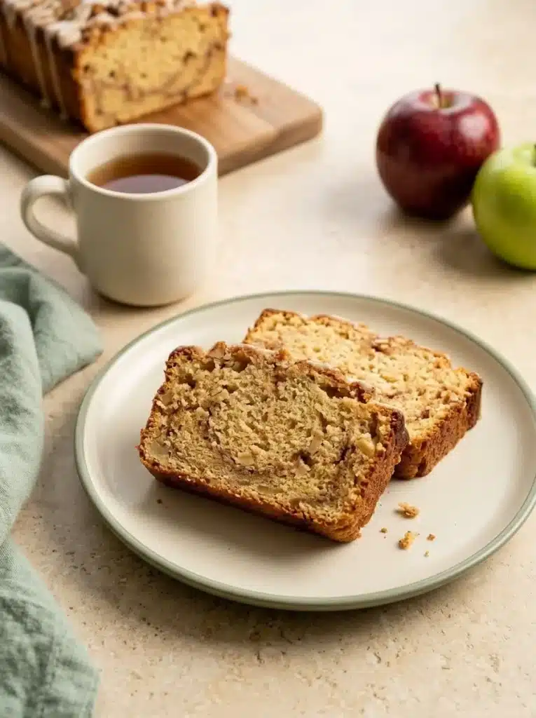 Cinnamon Apple Bread: Easy, Moist, and Perfect for Thanksgiving 4 Cinnamon Apple Bread slices with moist apple cinnamon swirls served on a plate
