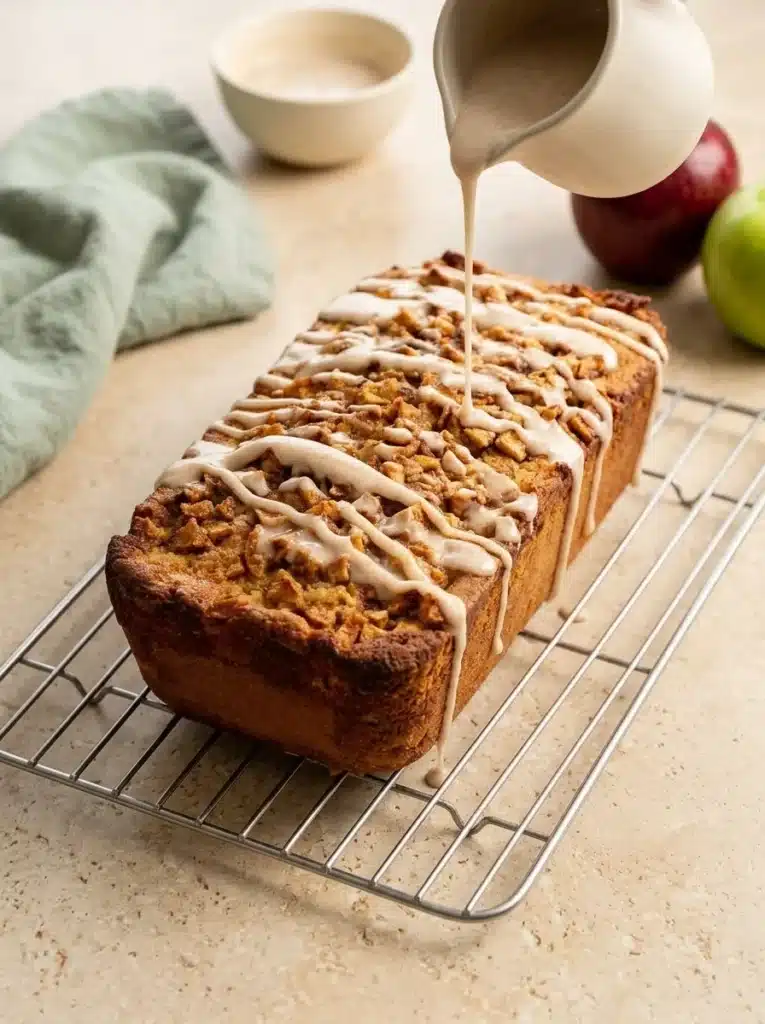 Cinnamon Apple Bread: Easy, Moist, and Perfect for Thanksgiving 1 Cinnamon Apple Bread drizzled with sweet cinnamon glaze on a cooling rack