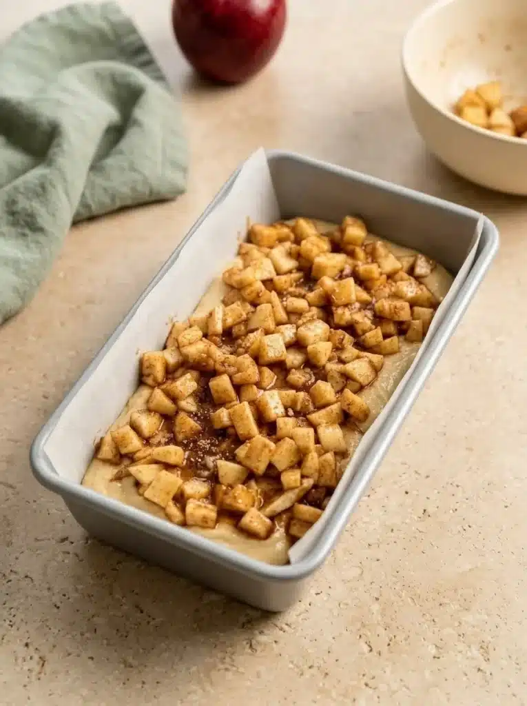 Cinnamon Apple Bread: Easy, Moist, and Perfect for Thanksgiving 3 Cinnamon Apple Bread batter layered with cinnamon apples in a loaf pan