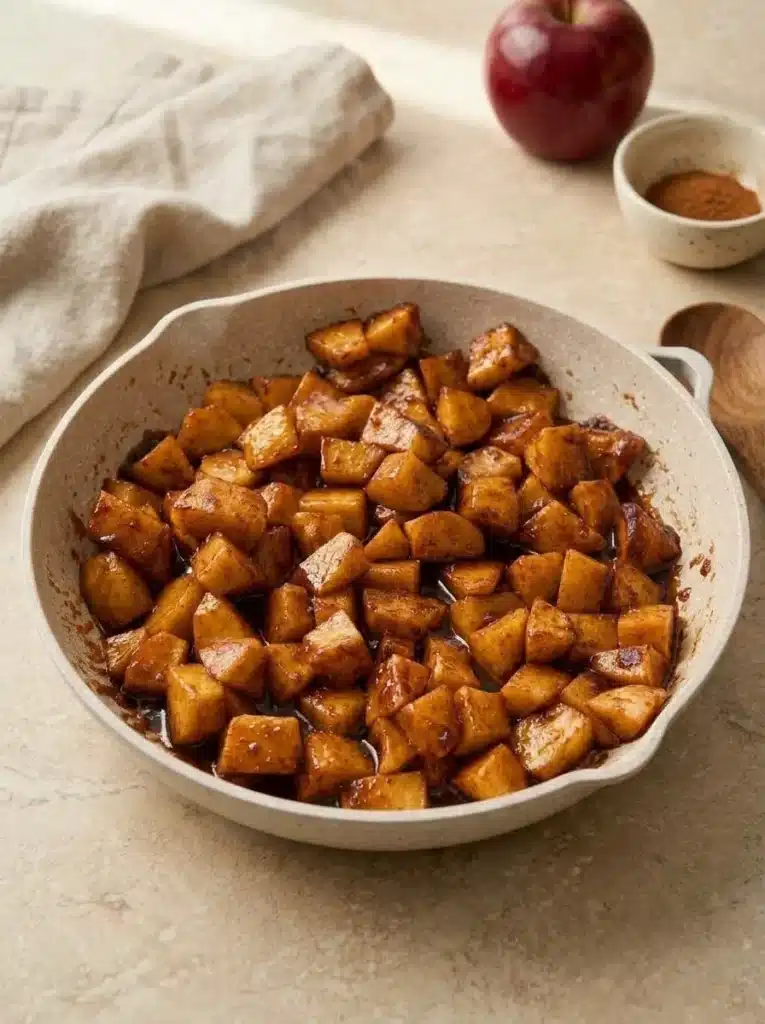 Finished Cinnamon Fried Apples coated in glossy cinnamon sugar sauce in a skillet