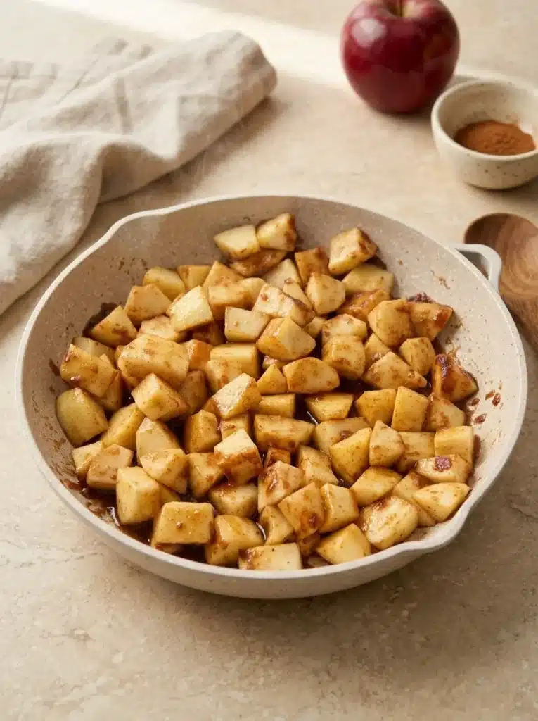 Cinnamon Fried Apples cooking in a skillet with buttery cinnamon sugar sauce