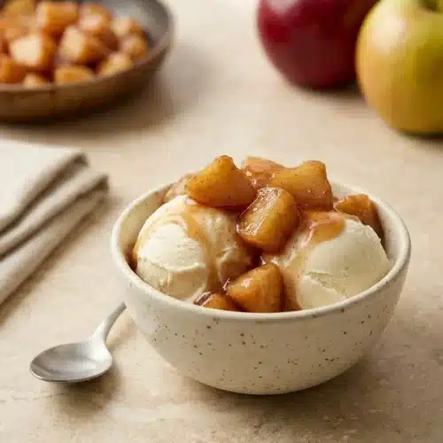 Cinnamon Fried Apples with warm cinnamon sauce over creamy vanilla ice cream
