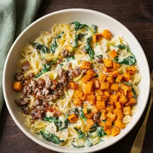 Creamy Roasted Butternut Squash Pasta You’ll Love 3 Creamy Roasted Butternut Squash Pasta starts with caramelized squash, savory sausage, tender spinach, and farfalle. These colorful cooked ingredients come together in a rich Parmesan cream sauce.