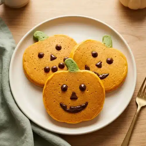 Easy Jack O Lantern Pancakes with orange pumpkin shapes, green stems, and chocolate chip faces