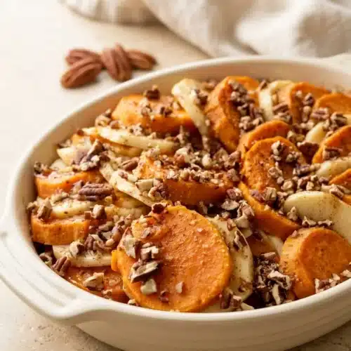 Honey Glazed Apple Sweet Potato Casserole 5 Honey Glazed Apple sweet potato casserole with cinnamon and toasted pecans