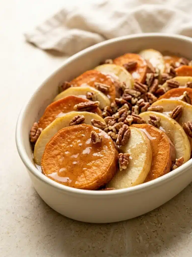 Honey Glazed Apple Sweet Potato Casserole 4 Honey Glazed Apple Sweet Potato Casserole features tender apples and sweet potatoes coated in glossy cinnamon honey glaze. Crunchy toasted pecans add a delicious contrast to the soft, buttery layers.