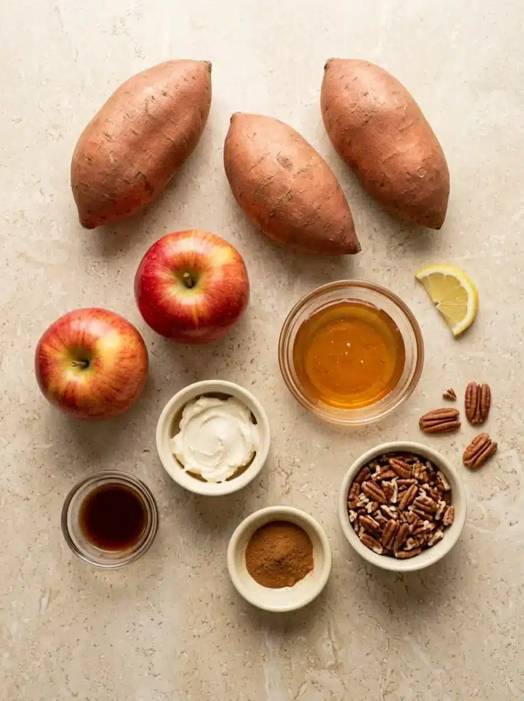 Honey Glazed Apple Sweet Potato Casserole 2 Honey Glazed Apple casserole ingredients with sweet potatoes, apples, honey and pecans