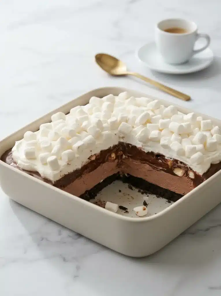 Hot Chocolate Lasagna layers with Oreo crust, chocolate mousse, pudding, whipped cream, and marshmallows