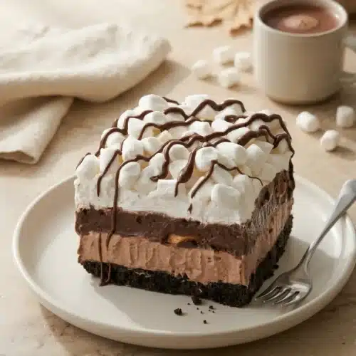 Hot Chocolate Lasagna with Oreo crust, chocolate mousse, marshmallows, whipped cream, and chocolate drizzle