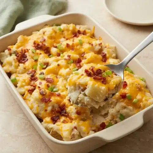 Loaded Baked Potato Casserole with cheddar and bacon being served