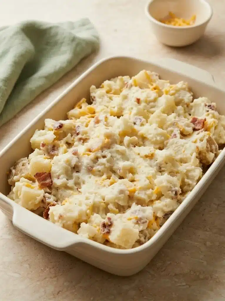 Loaded Baked Potato Casserole assembled with creamy potatoes, cheese, and bacon