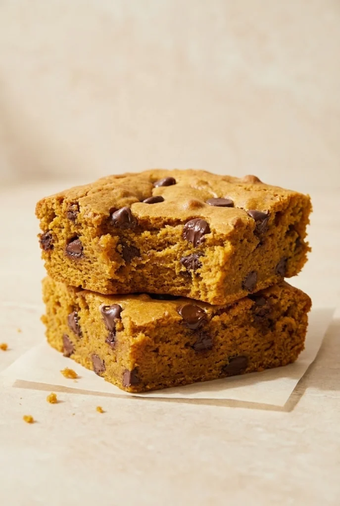 Pumpkin Blondies: Easy, Soft, and Delicious Fall Treat 3 Soft Pumpkin Blondies with chocolate chips showing a thick, moist pumpkin crumb