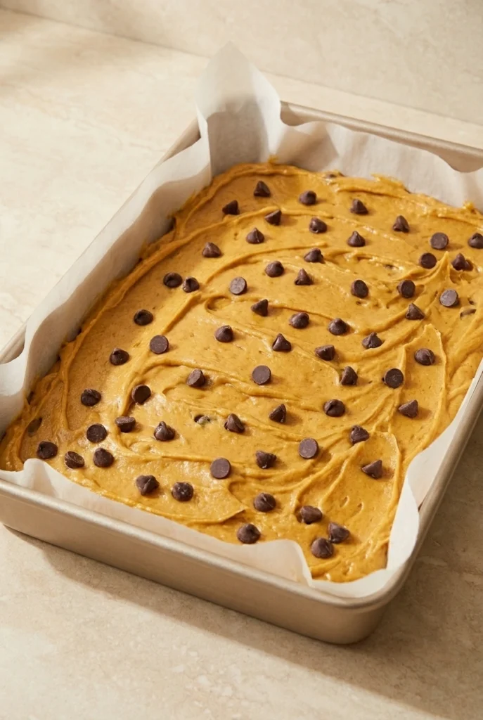 Pumpkin Blondies: Easy, Soft, and Delicious Fall Treat 2 Pumpkin Blondies batter looks thick, creamy, and golden with rich chocolate chips scattered throughout. Spread it evenly in the lined pan before baking for soft, moist pumpkin bars.