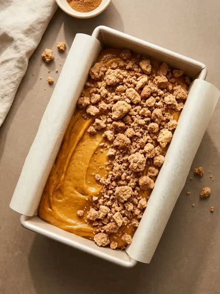 Pumpkin Bread with Maple Glaze: Easy and Delicious Fall Recipe 3 Pumpkin Bread with Maple Glaze batter topped with pumpkin spice streusel