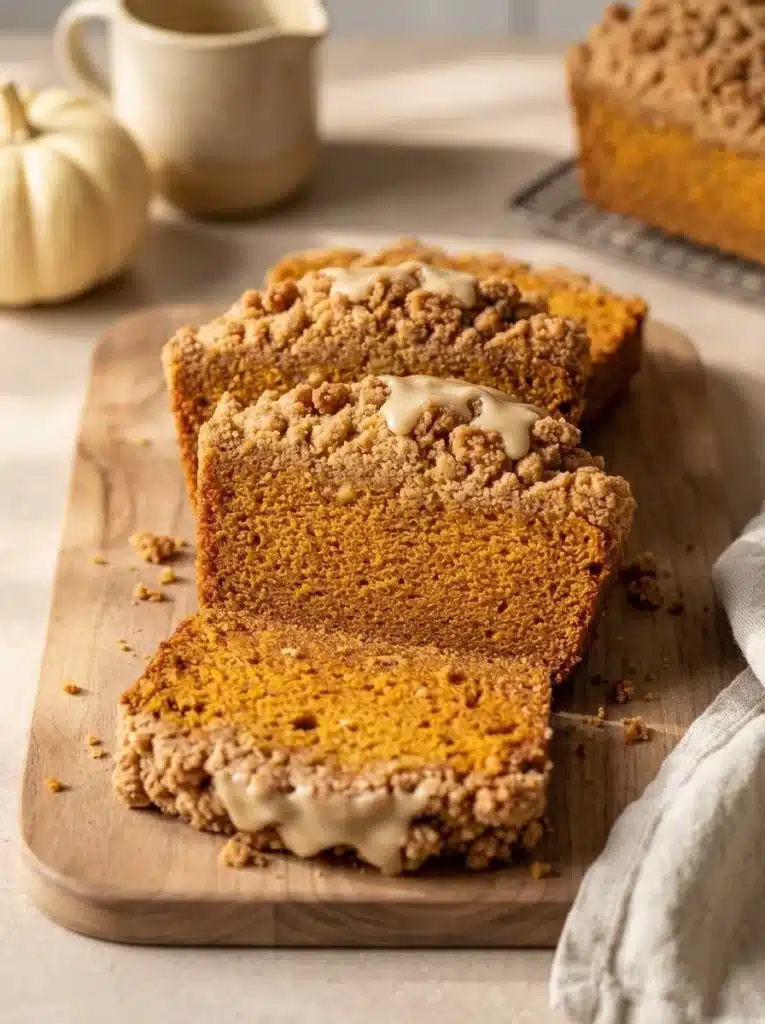 Pumpkin Bread with Maple Glaze: Easy and Delicious Fall Recipe 4 Pumpkin Bread with Maple Glaze slices with moist crumb and crunchy streusel