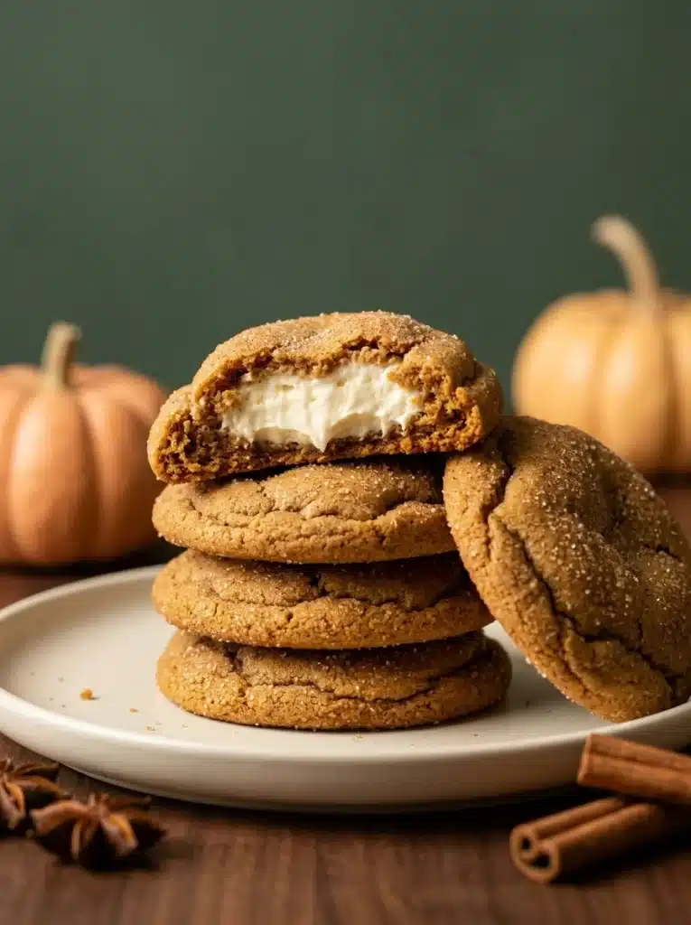 Pumpkin Cheesecake Cookies That Are Rich, Chewy, and Creamy 1 Pumpkin Cheesecake Cookies with creamy centers and pumpkin spice sugar