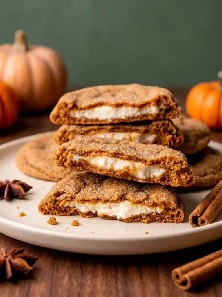 Pumpkin Cheesecake Cookies That Are Rich, Chewy, and Creamy 6 Pumpkin Cheesecake Cookies broken open with creamy cheesecake centers