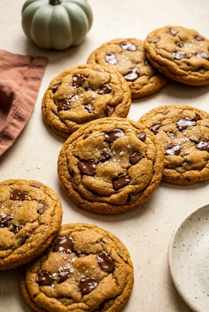 Pumpkin Chocolate Chip Cookies That Are Thick, Soft, and Chewy 4 Thick and chewy Pumpkin Chocolate Chip Cookies with gooey chocolate and flaky sea salt