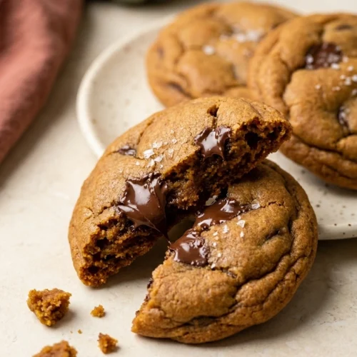 Pumpkin Chocolate Chip Cookies That Are Thick, Soft, and Chewy 5 Pumpkin Chocolate Chip Cookies broken open to show a soft chewy center and gooey chocolate