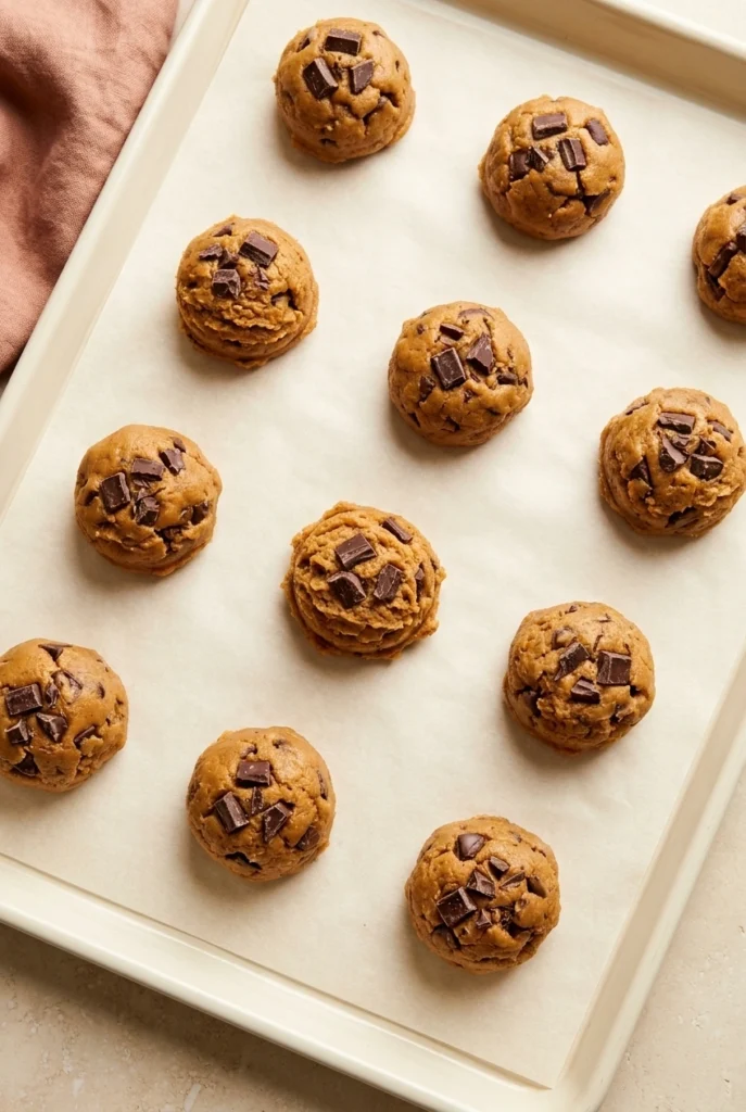 Pumpkin Chocolate Chip Cookies That Are Thick, Soft, and Chewy 3 Pumpkin Chocolate Chip Cookies dough balls with chopped chocolate ready for baking