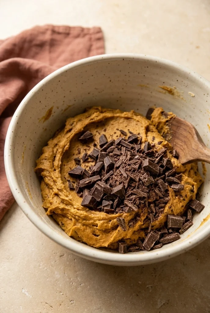 Pumpkin Chocolate Chip Cookies That Are Thick, Soft, and Chewy 2 Pumpkin Chocolate Chip Cookies dough with chopped semi-sweet chocolate ready to mix