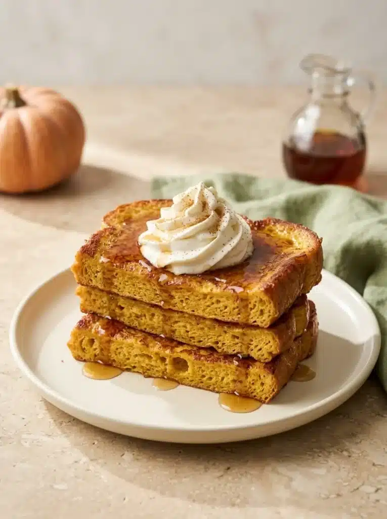 Pumpkin French Toast: Easy and Cozy Fall Breakfast 1 Pumpkin French Toast with maple syrup, whipped cream, and warm cinnamon spice