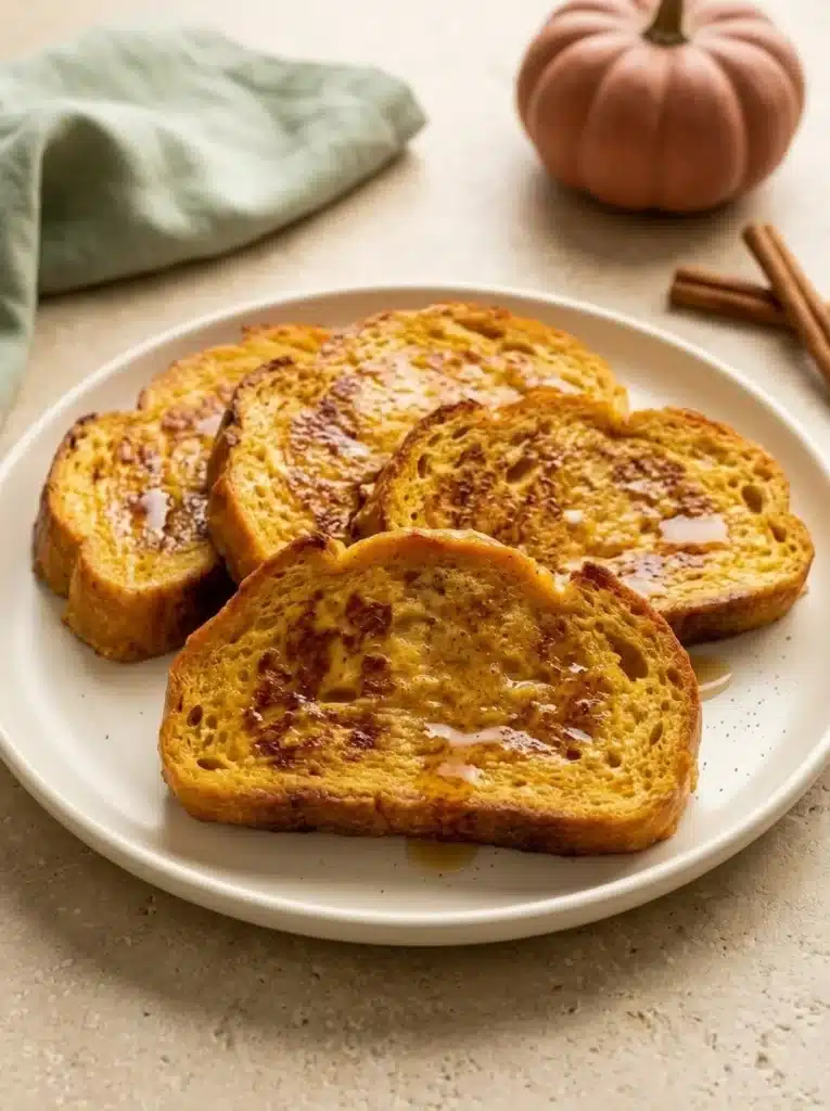 Pumpkin French Toast: Easy and Cozy Fall Breakfast 3 Pumpkin French Toast slices with golden edges and warm fall spices